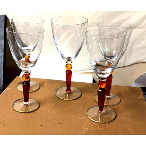 Other - Set of 5 Handcrafted Amber Stem Wine Glasses‎ – 4 Matching + 1 Variant